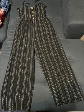 Black Striped Wide-Leg Jumpsuit with Button-Front Bodice